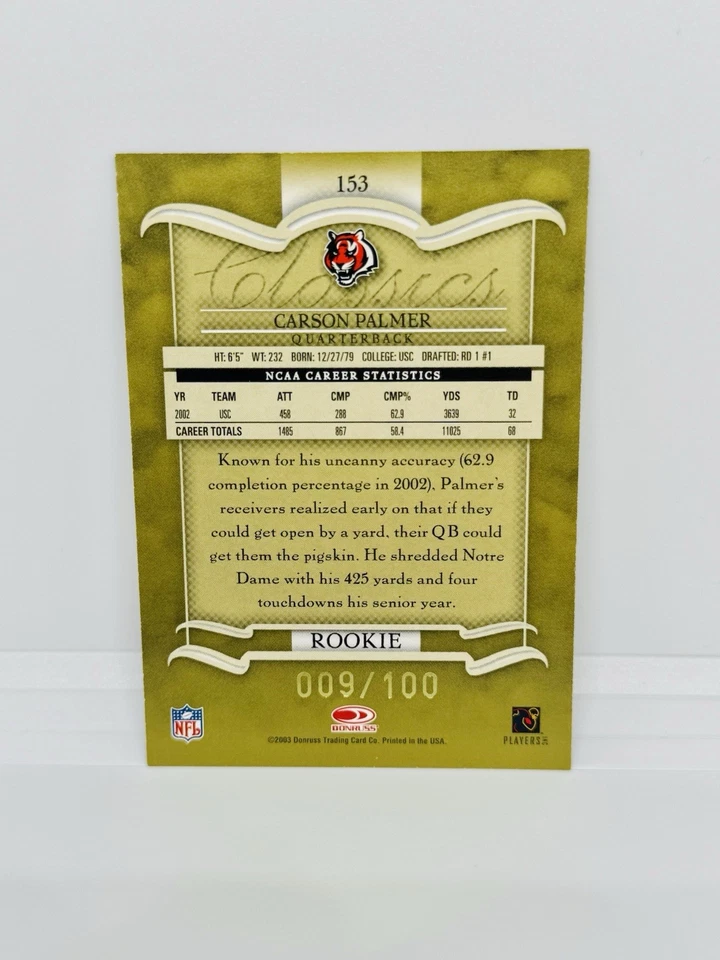 2003 Donruss Classics CARSON PALMER Rookie Timeless Tributes Gold /100 RC #153 - Image 2 of 2