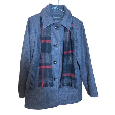 London Fog Women's Wool Blend Coat L Grey Button Front W/ Plaid Scarf Jacket