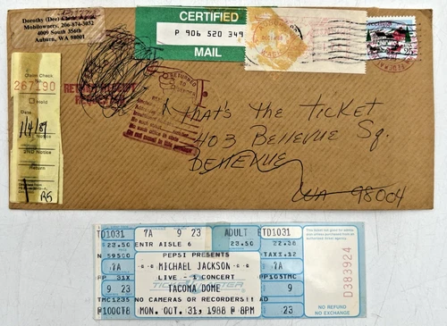 1988 MICHAEL JACKSON FULL CONCERT TICKET TACOMA DOME OCT. 31 BAD TOUR, ENVELOPE