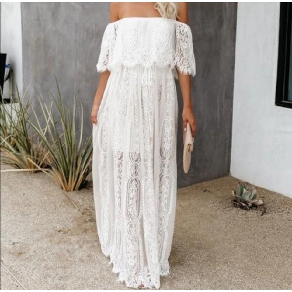 Baltic Born Caroline Lace Maxi Dress Off Shoulder Bohemian Off White Large - Image 2 of 4