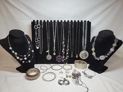 Vtg Now Silver Mixed Bulk Costume Jewelry Lot Necklaces Bracelets Earrings #993