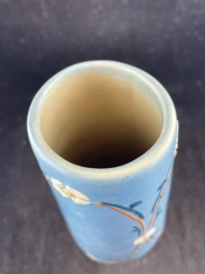 Roseville Aztec 1905 Pottery Blue Squeeze Bag Design Floral Vase 10.5" - Image 3 of 3