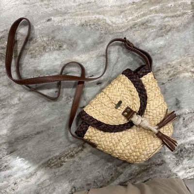 Sand And Sun Natural Jute Woven 2 tone chocolate tan Handbag 8  cc