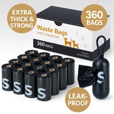 Dog Poop Bags & Dispenser 360 Count Black Waste Bags Unscented Leak Proof Strong
