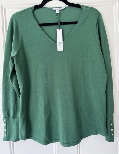 NEW CHICO’S Woman’s Pullover V-Neck Sweater Top sz 1 Juniper Green MSRP $69.50