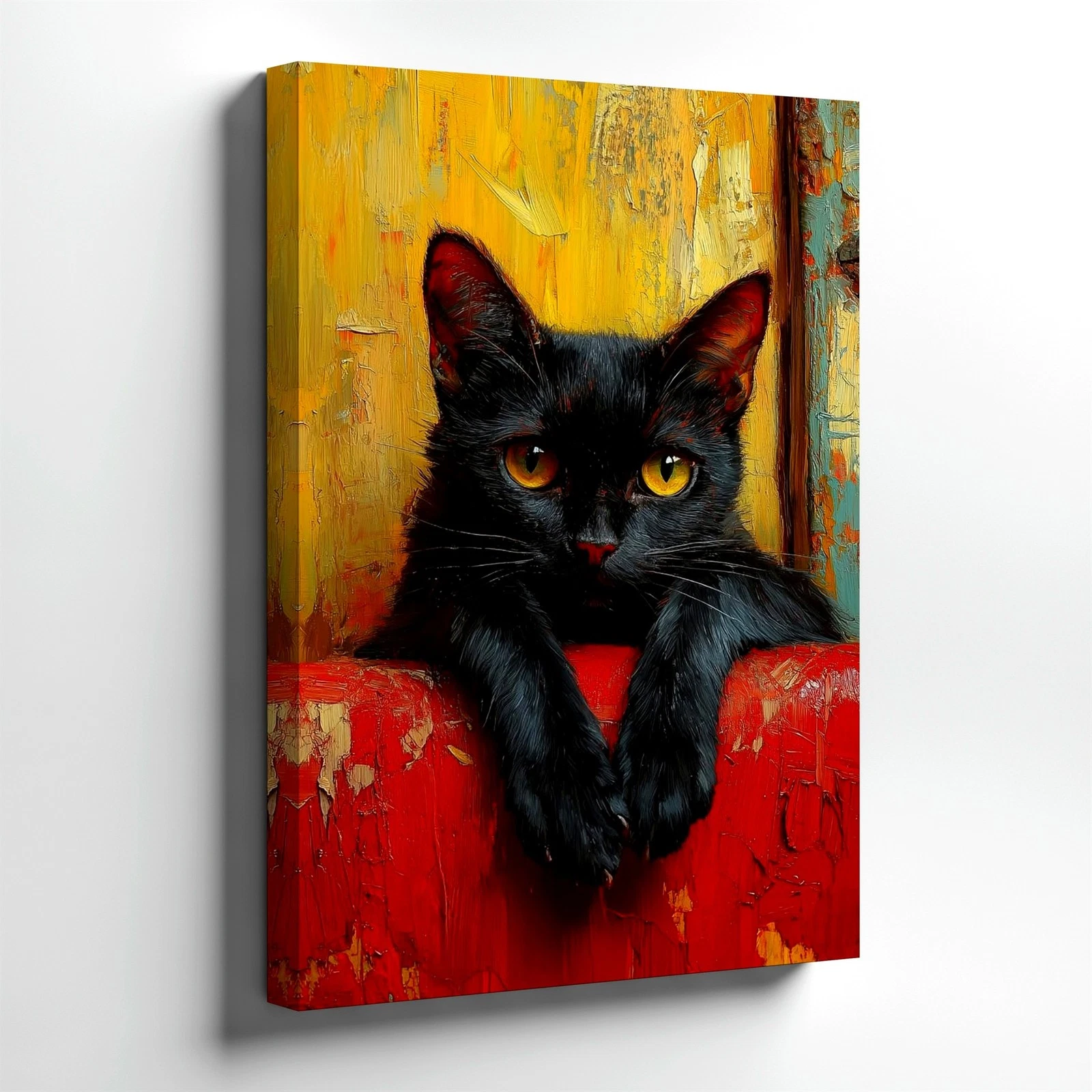 Wall Art Black Cat Painting Print Yellow Eyes Colorful Rustic Animal Home Decor