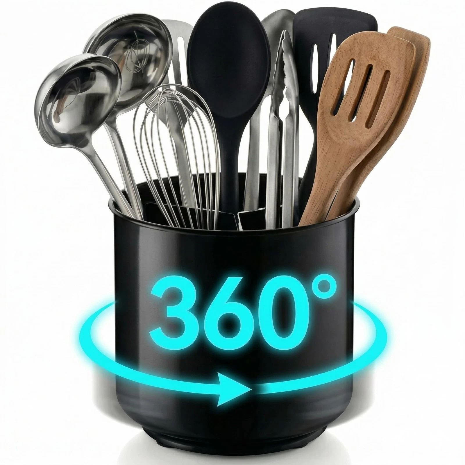 Jumbo Extra Large Sturdy Rotating Black Utensil Holder Caddy with No-Tip Weig...