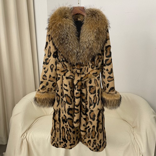 Chaqueta de piel de conejo real estampada de leopardo para mujer abrigos con cinturón cuello de piel de zorro trinchera - Imagen 9 de 23