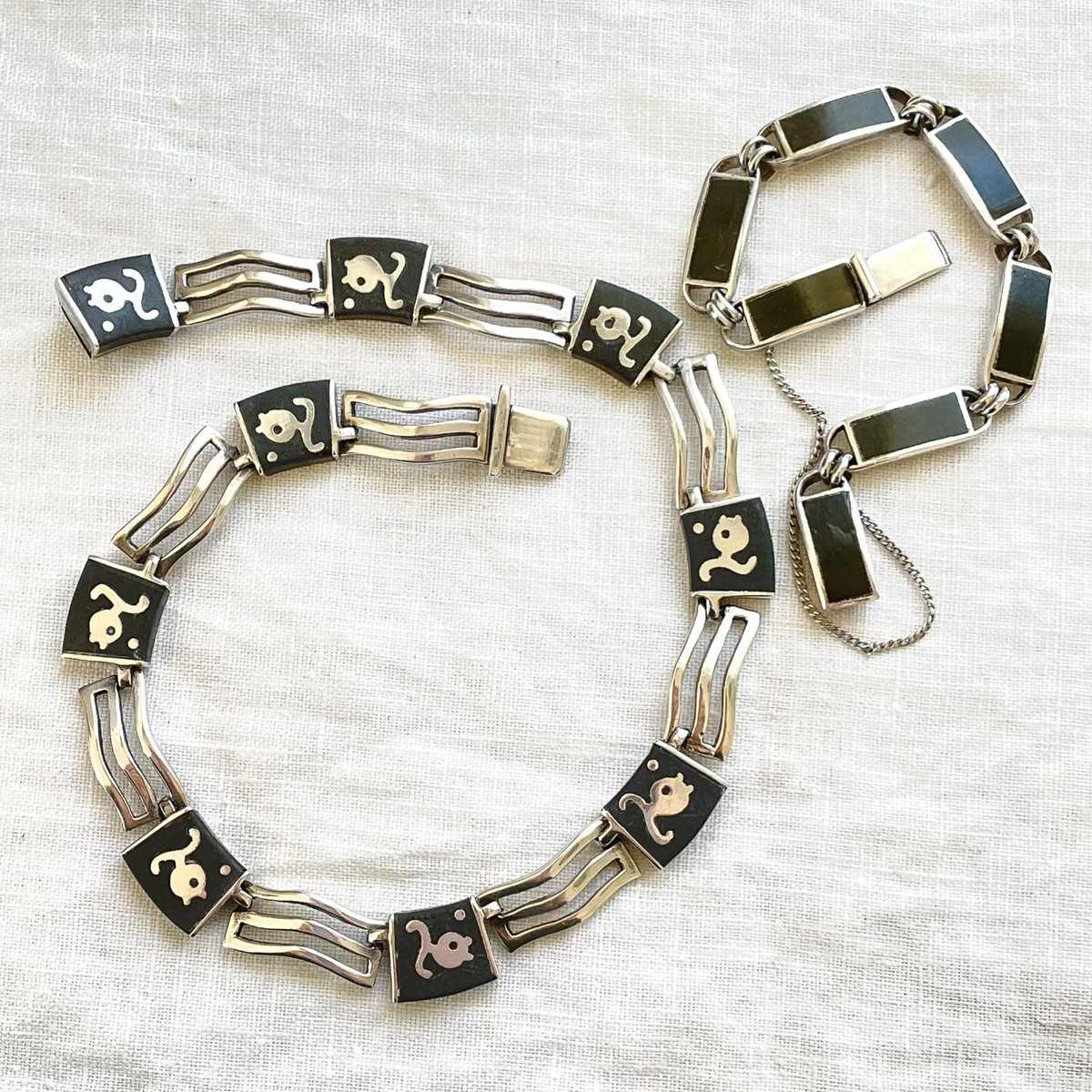 Los Castillo Taxco Onix Onyx Negro Black Silver Inlay Mexican Belt Buckle VTG Vintage Brown Leather Pony Hair Belt Hickok Belt Makers Med  main image 3