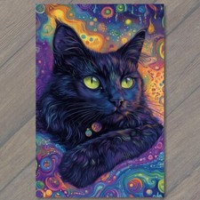 STICKER Black Cat Green Eyes Lying on Colorful Psychedelic Kitty Halloween