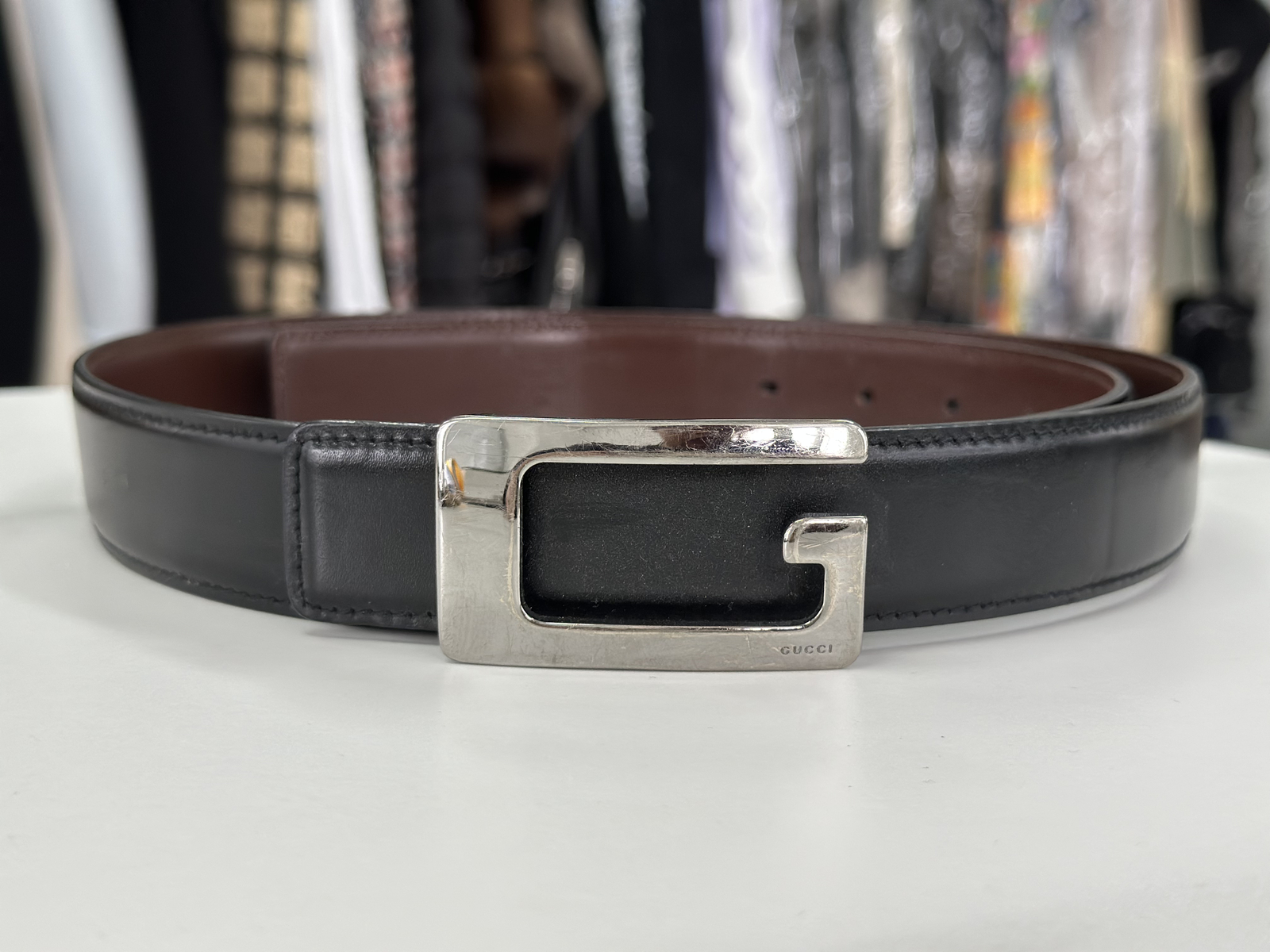 GUCCI G Buckle Black Leather Belt LW1 Classic Stylish Design