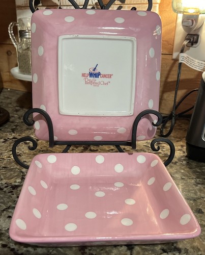 Set Of 2 pampered chef 7.25 square plates Pink with White Polka Dots #5415 Snack - Picture 7 of 7