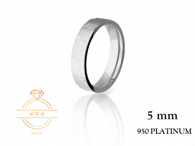 950 Platinum Solid FLAT 5mm Wedding Band Ring - Comfort Fit HAMMERED Finish New