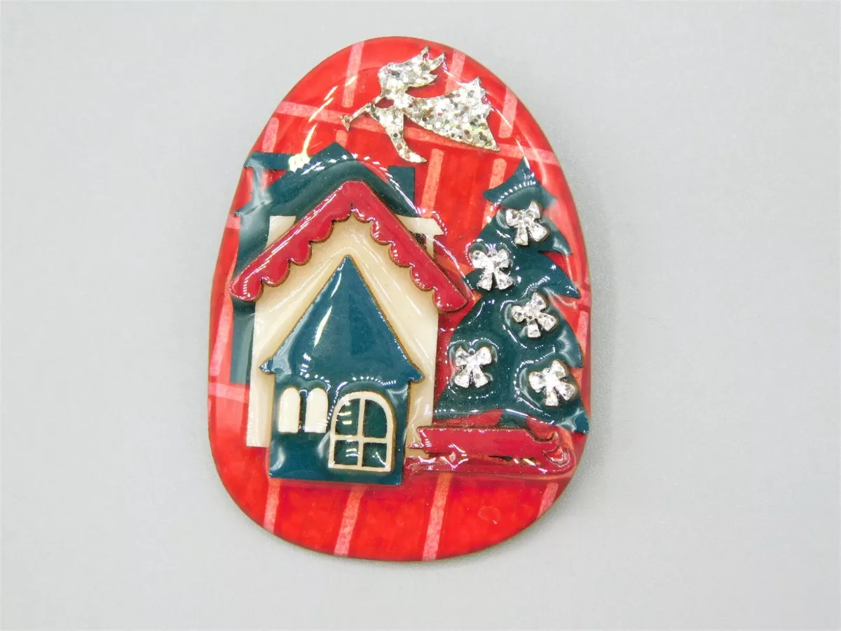 Rare Christmas House Pin by Lucinda Hand Made in USA Flying Angel