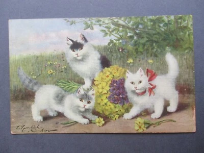 POSTCARD Sophie SPERLICH ARTIST SIGNED CATS Kittens with Spring Flowers 1906 - image 1 of 3
