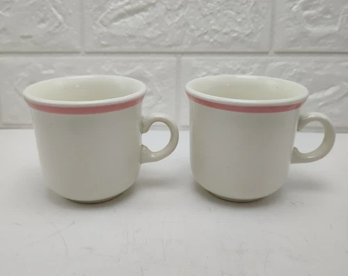 VTG Pink Stripe Band Coffee Cup Restaurant Ware Set of 2 Embossed Clover Mark C