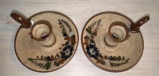 Vintage Pair of Tonala Mexico Hand Painted Pottery Chamber Candle Holders (2)