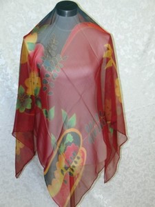 Large New 100% Silk Scarf Burgundy Red Flower Butterfly