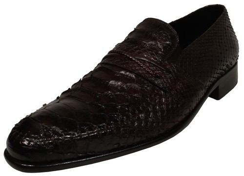 Python Snakeskin Men's Ronaldo Solid Brown Italian Leather Loafer Dress Shoes - Picture 7 of 12
