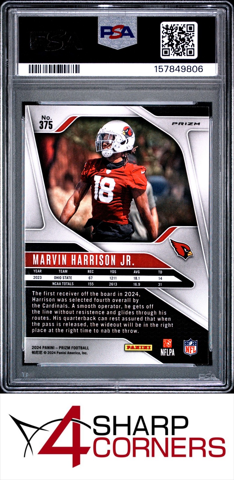 2024 PANINI PRIZM NEON GREEN PULSAR #375 MARVIN HARRISON JR. RC PSA 10 view 2