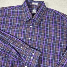 Peter Millar Shirt Mens XL Purple Brown Plaid Button Front Long Sleeve Cotton