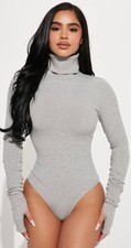 Fashion Nova Olivia Snatched Bodysuit, Heather Grey, Ribbed Turtleneck Size L