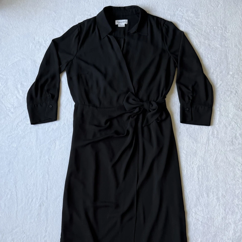 Vestido Calvin Klein 10 Negro Envolvente Cuello Corbata Manga Larga Midi Maxi Trabajo Formal Foto 2 de 4