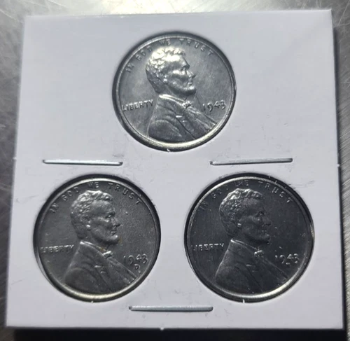 1943 P D S AU/BU **STEEL Wheat Head Lincoln Cent 3 Coin Set,**  Penny Lot