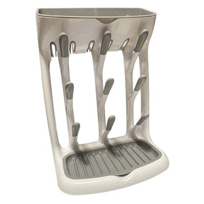 OXO Standalone Baby Bottle Drying Rack White Gray Varying Peg Heights Drip Tray