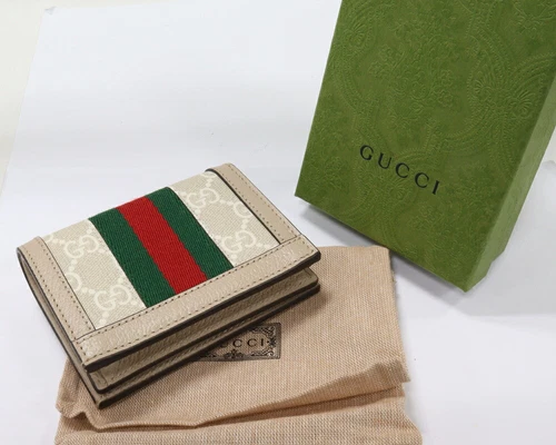 Portefeuille Gucci à deux volets avec porte monnaie Ophidia Gg Supreme étui à cartes PVC toile beige
