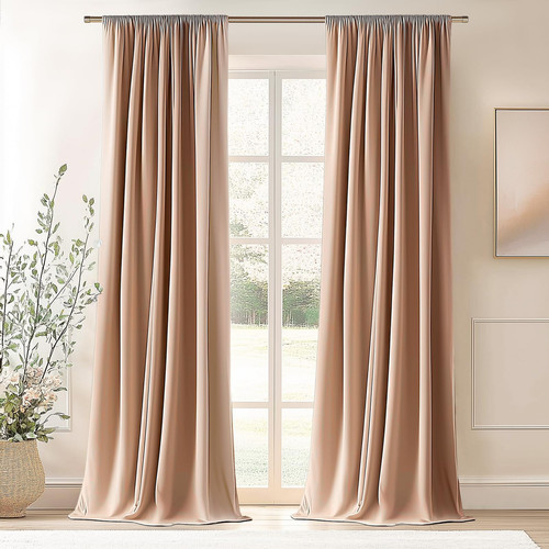Extra Long Blush Beige Velvet Blackout Curtains 108 Inches Long for Living Ro...