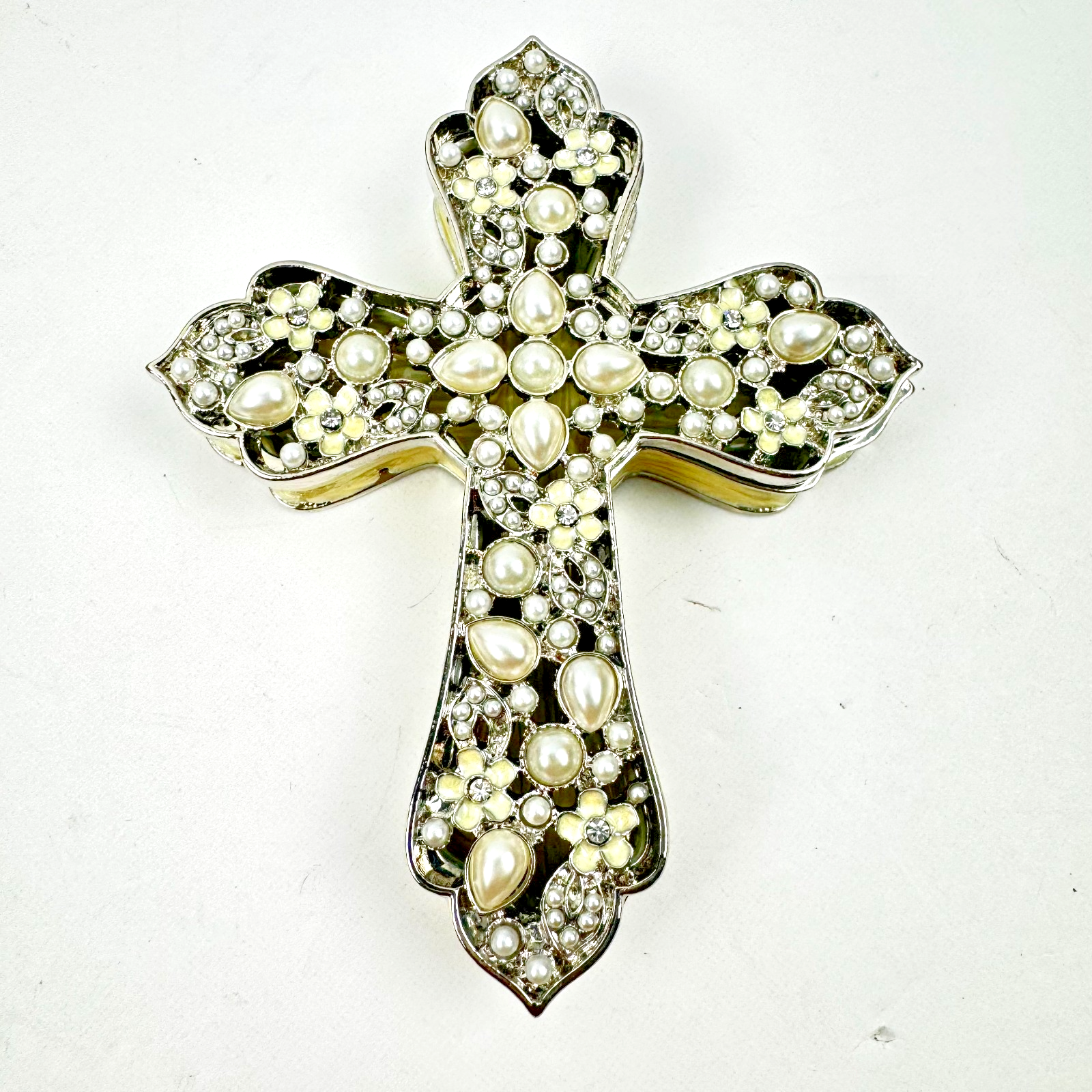 Glam Cross Metal Enamel Jewelry Box Religious Keepsake Trinket Case