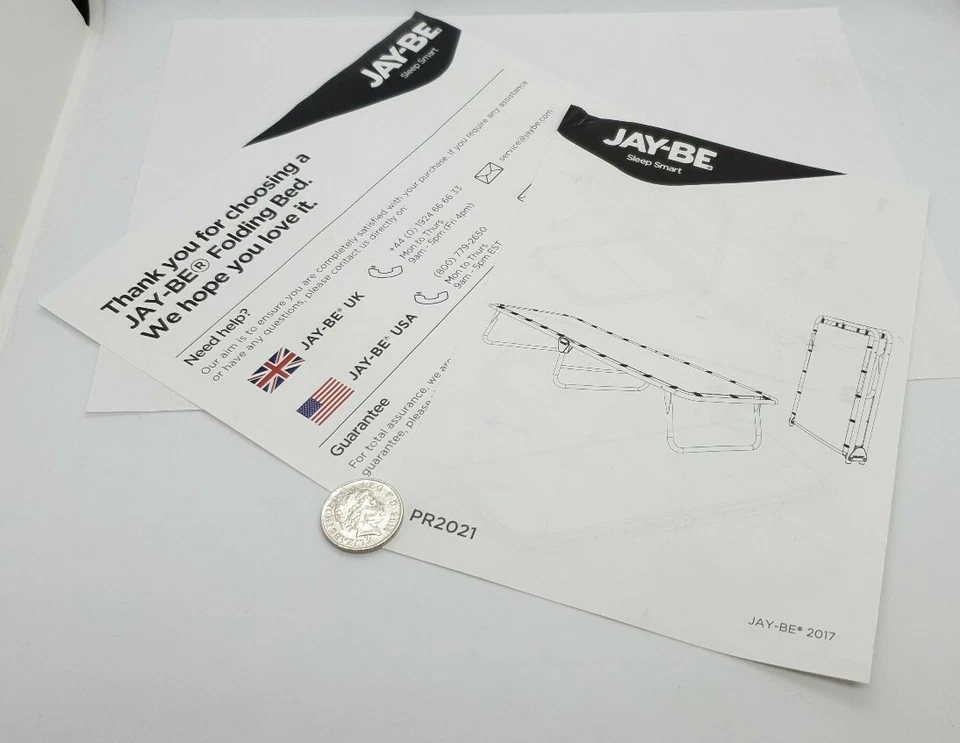 MANUAL DE INSTRUCCIONES Y TARJETA DE GARANTÍA para una cama individual plegable JAY-BE PR2021 Foto 2 de 3