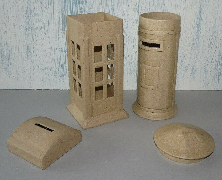 Set of 2 Paper Mache Money Box, telephone or Post box / mail box shape
