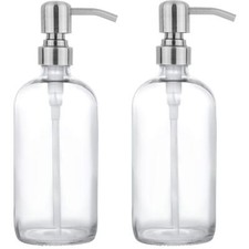 2 Pack 16oz Clear Glass Dispenser Bottles with Steel Pump for Lotion Liquid Soap