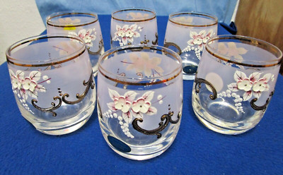 VINTAGE * CZECH BOHEMIAN ROCK GLASSES  * WHITE & CLEAR * GOLD * RAISED FLOWERS