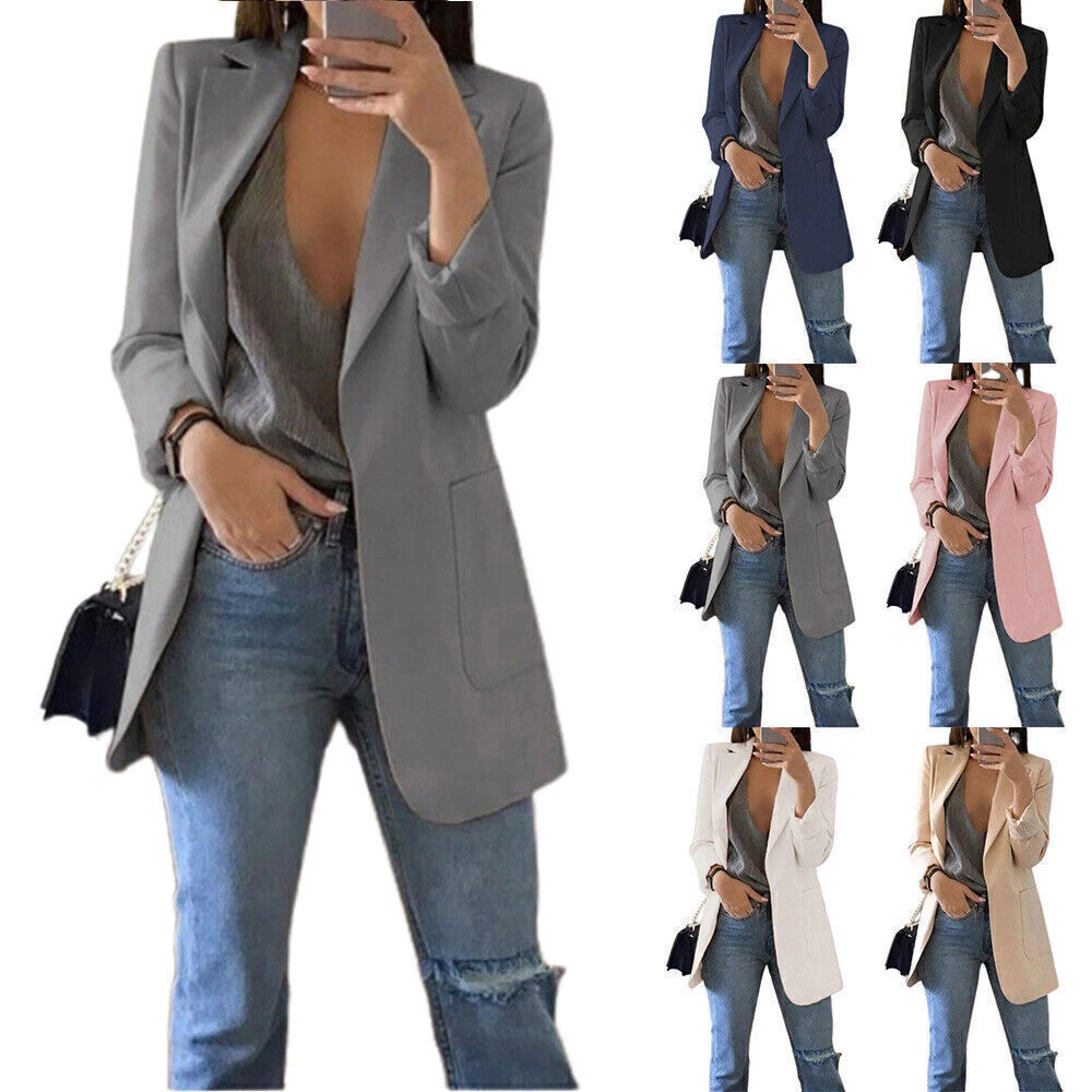 Women s Ladies Long Sleeve Plain Blazer Suit Work Office Casual