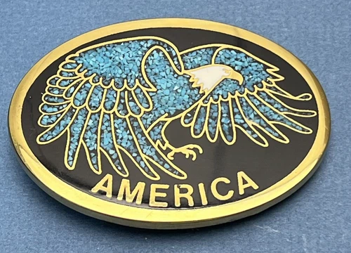 Vintage DeBry Co. Solid Brass Belt Buckle Turquoise AMERICA Eagle Made USA READ