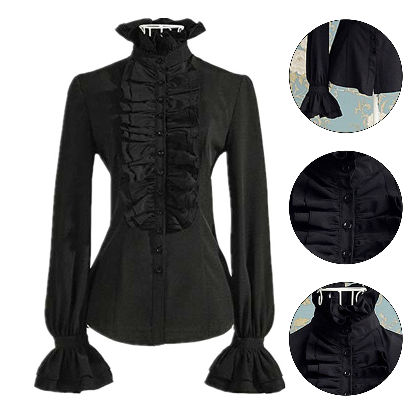 Solid Color Blouse for Women Polyester Spandex Stylish Retro Ruffle