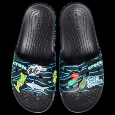 MENS CROCS CLASSIC SLIDES WITH JIBBITZ CHARMS PARTY