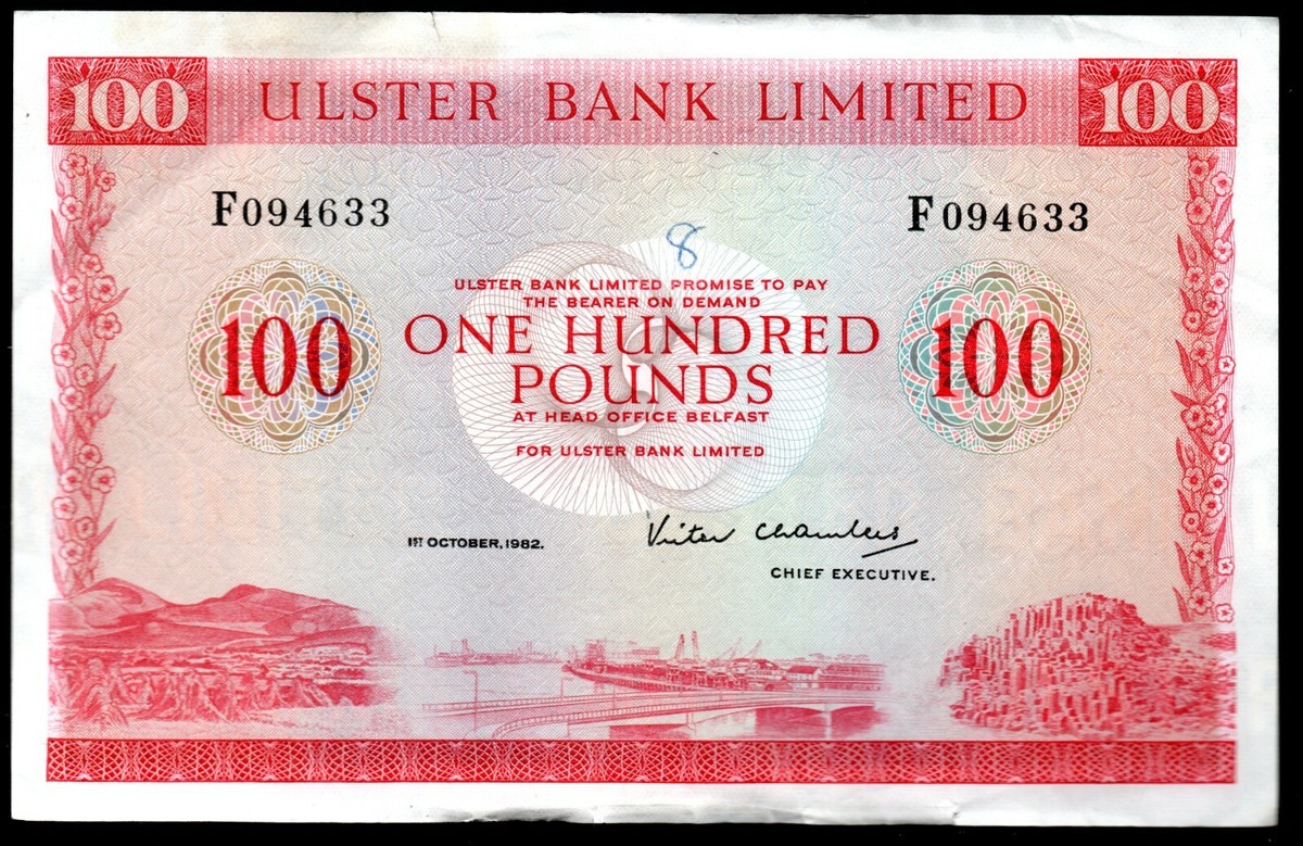 SCARCE 1977 1982 Ulster Bank Ltd Belfast £100 banknotes real money