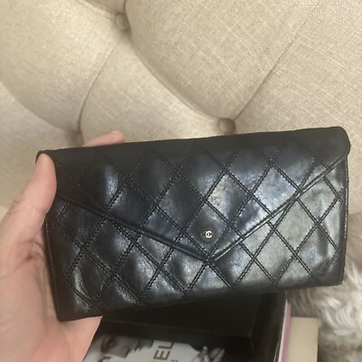 Authentic CHANEL Vintage Diamond Stitch CC Envelope Long Wallet 