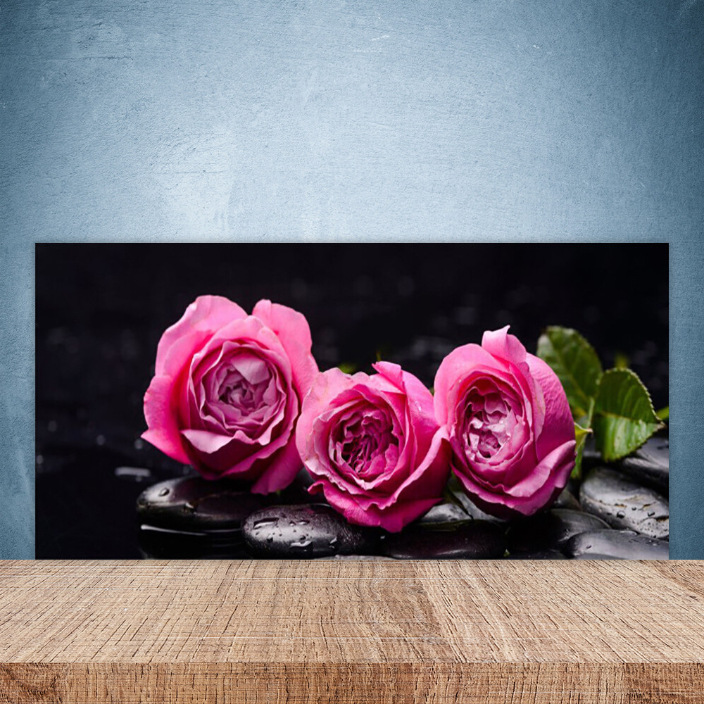 Crédence de cuisine en verre 100x50 cm motif floral et pierres roses