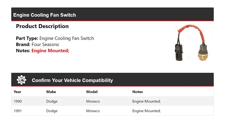 Переключатель вентилятора охлаждения двигателя для Dodge Monaco 1990-1991 годов выпуска 4 сезона - Изображение 2 из 4