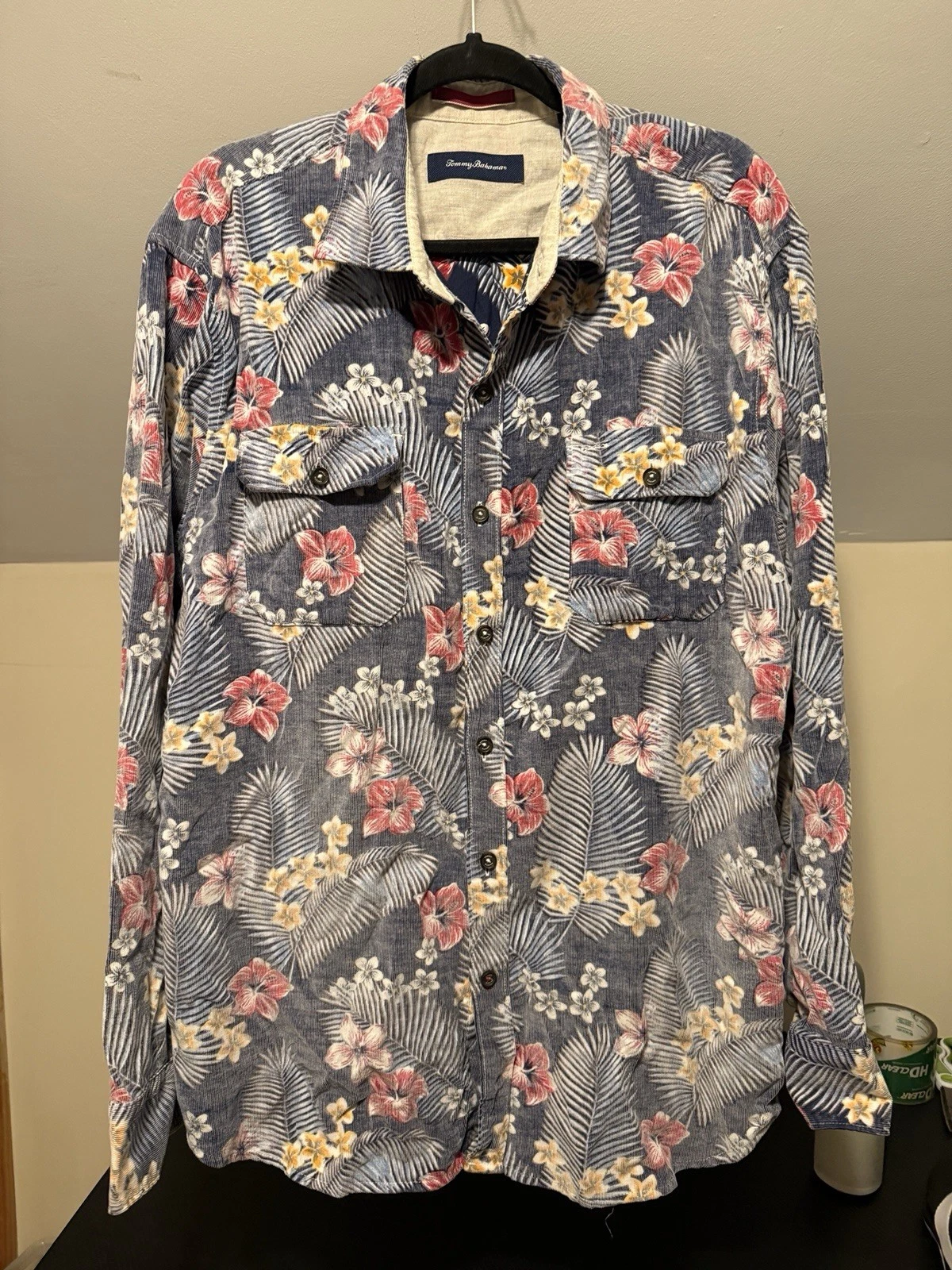 Tommy Bahama Button Up Men Long Sleeve 100 Cotton Floral Hawaiian Ribbed Soft XL