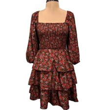 Entro Red Floral Smocked Tiered Mini  Dress Women's Sz M Cottagecore Prairie 