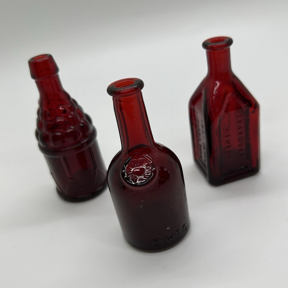 Set of 3 Ruby Red Vintage Miniature Wheaton Bottles Apothecary Medicine 3in