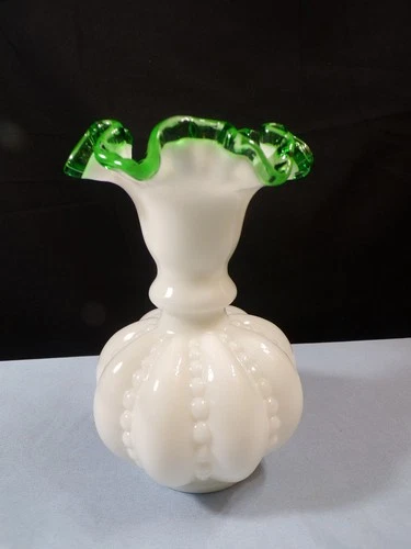 Fenton Milk Glass Green Emerald Crest Beaded Melon Vase 6 1/4" Tall