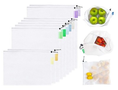 Set of 9 Reusable Produce Bags Heavy Duty Washable Mesh Grocery Bag with Draw...