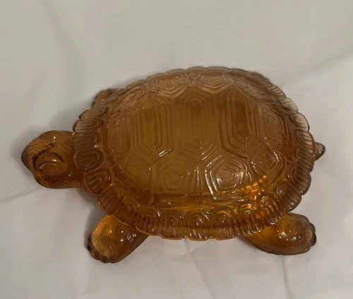 Vintage Depression Glass Amber Turtle Covered Candy Dish Trinket Box